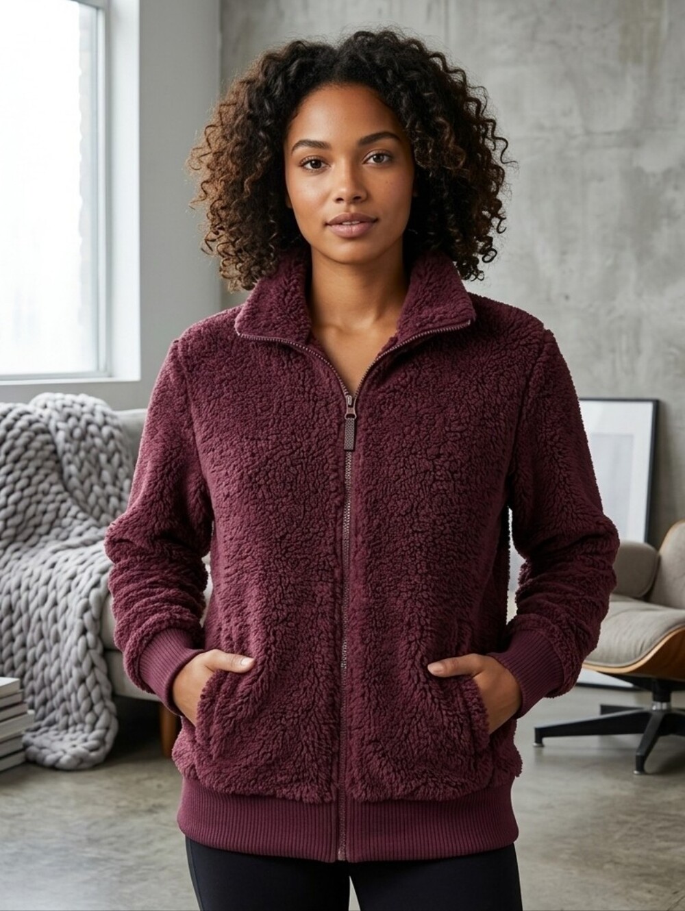 Member's Mark Women's Cozy Sherpa Quarter-Zip Pullover in a deep wine/plum Sz M